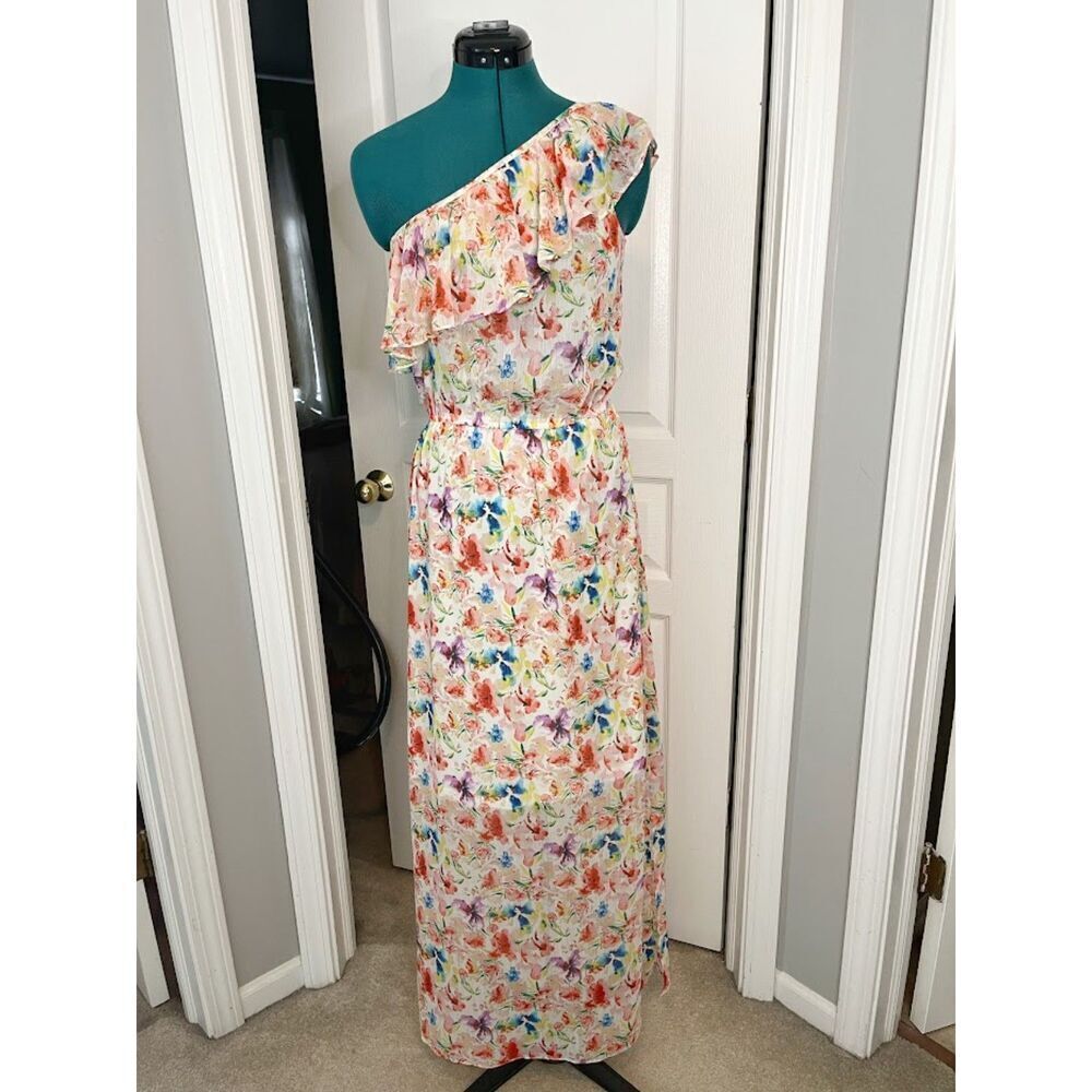 Skies are Blue Floral Maxi One Shoulder Ruffle Neckline  Elastic Waist Dress